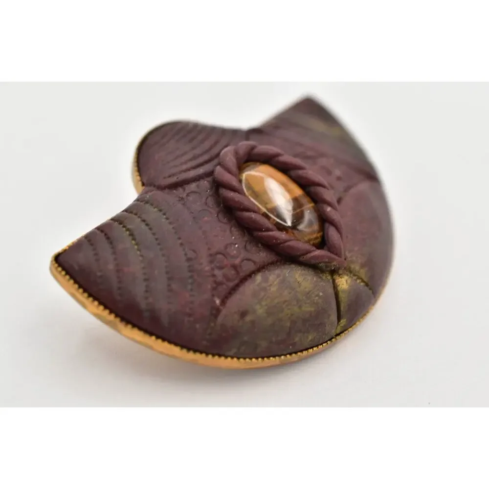 Vintage Tiger's Eye Cabochon Pin Brooch Brutalist Gold Tone Chunky 1970s 9B